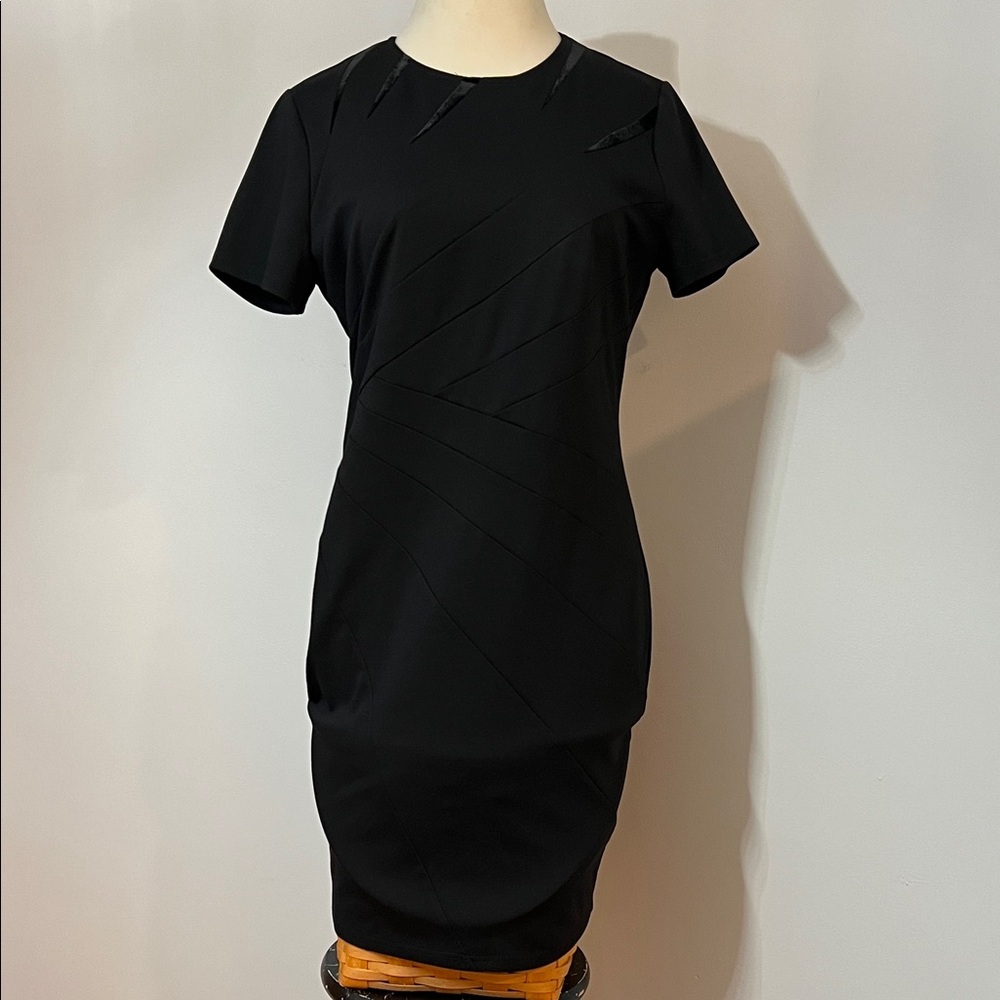 Black Short Sleeve Sheath Dress Round Neckline Velvet Accents Tailored Form Fit